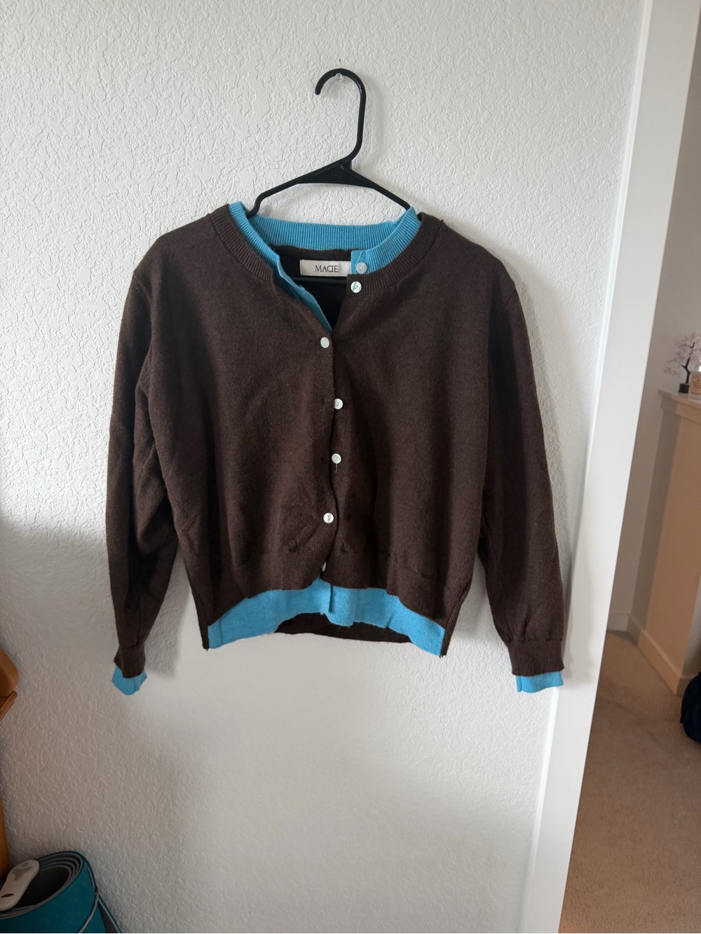 Brown Cardigan with blue Trim/layering